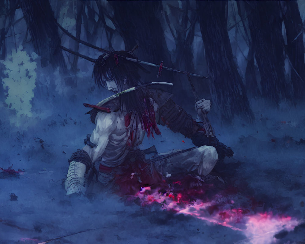 Anime-style wounded warrior with sword in dark forest and mystical energy.