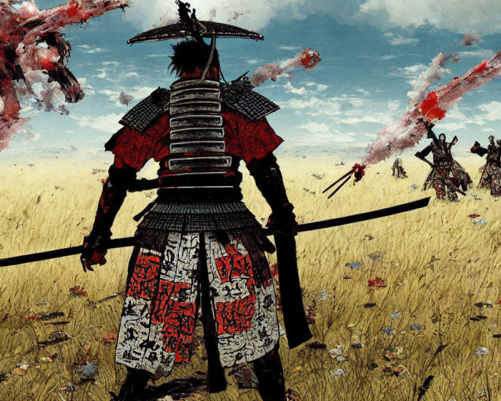 Traditional Japanese warrior in armor with katana in field.