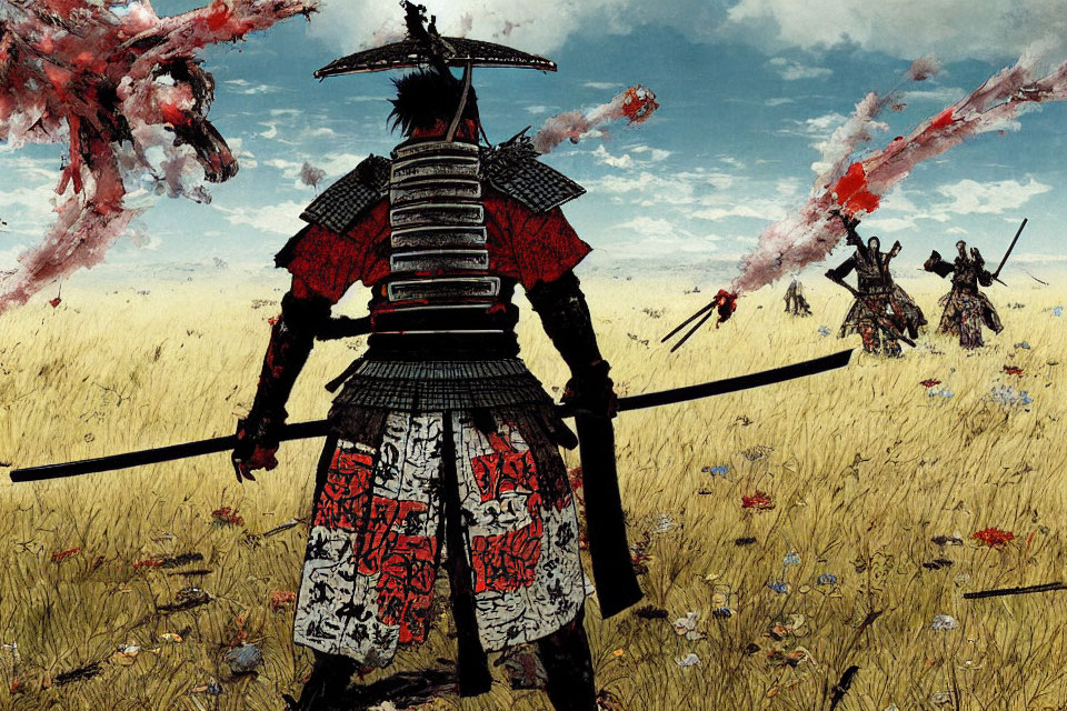 Traditional Japanese warrior in armor with katana in field.