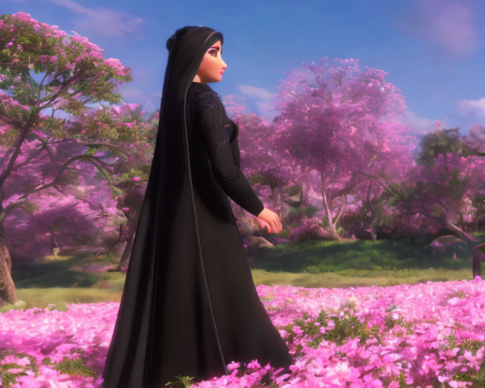 Animated woman in black dress surrounded by pink flowers and tree canopy.