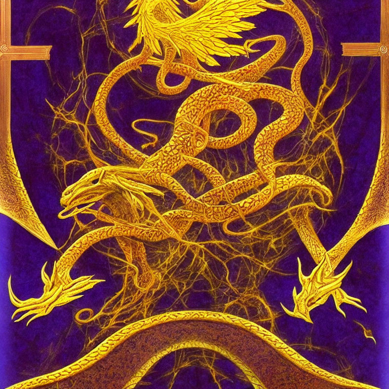 Golden dragon on purple background: intricate fantasy design