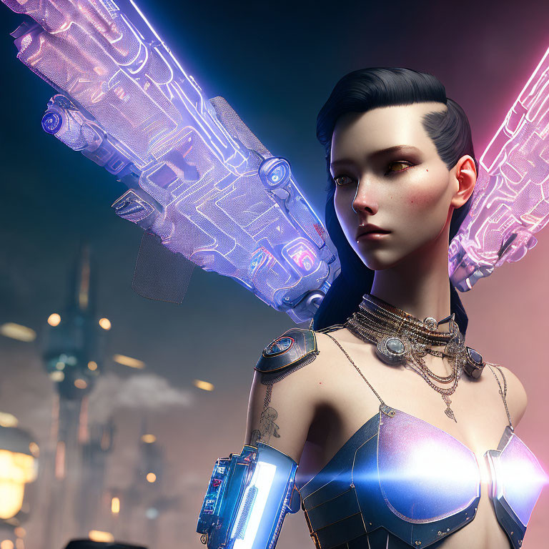 Futuristic female character with cybernetic enhancements and neon weaponry in cityscape