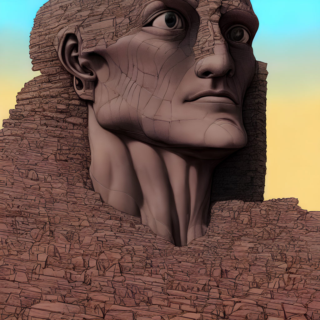 Giant stone head 3D rendering with contemplative expression against warm-hued sky