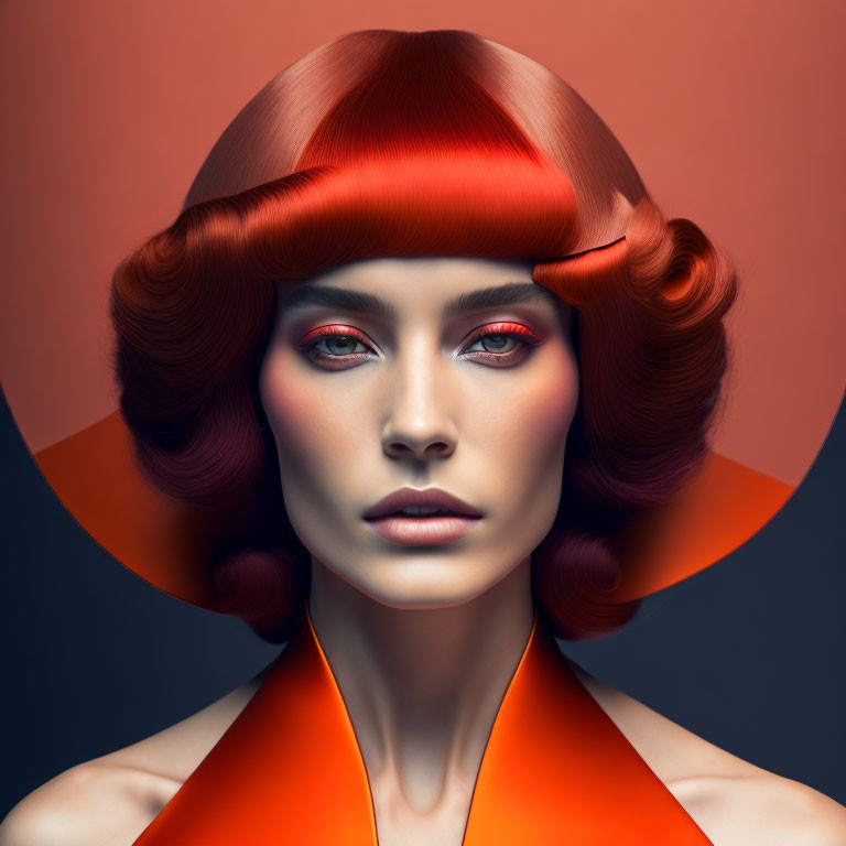 Stylized red-haired woman in futuristic fashion against red-orange backdrop