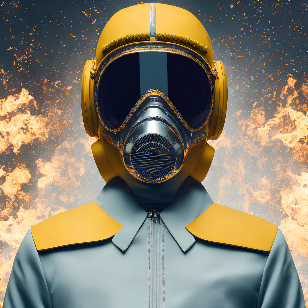 Futuristic person in yellow and blue helmet with reflective visor on vivid fiery backdrop