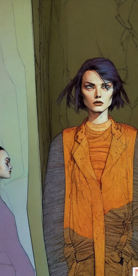 Illustration of woman with purple hair in orange jacket and beige turtleneck