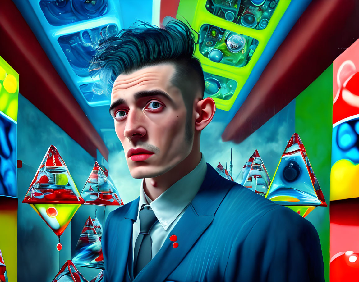 Stylized digital portrait of a man in blue suit with surreal backdrop