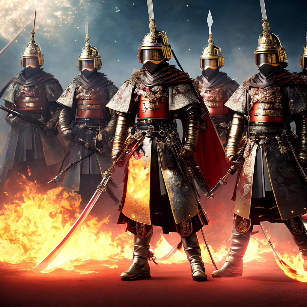 Armored knights with swords and spears on fiery battlefield