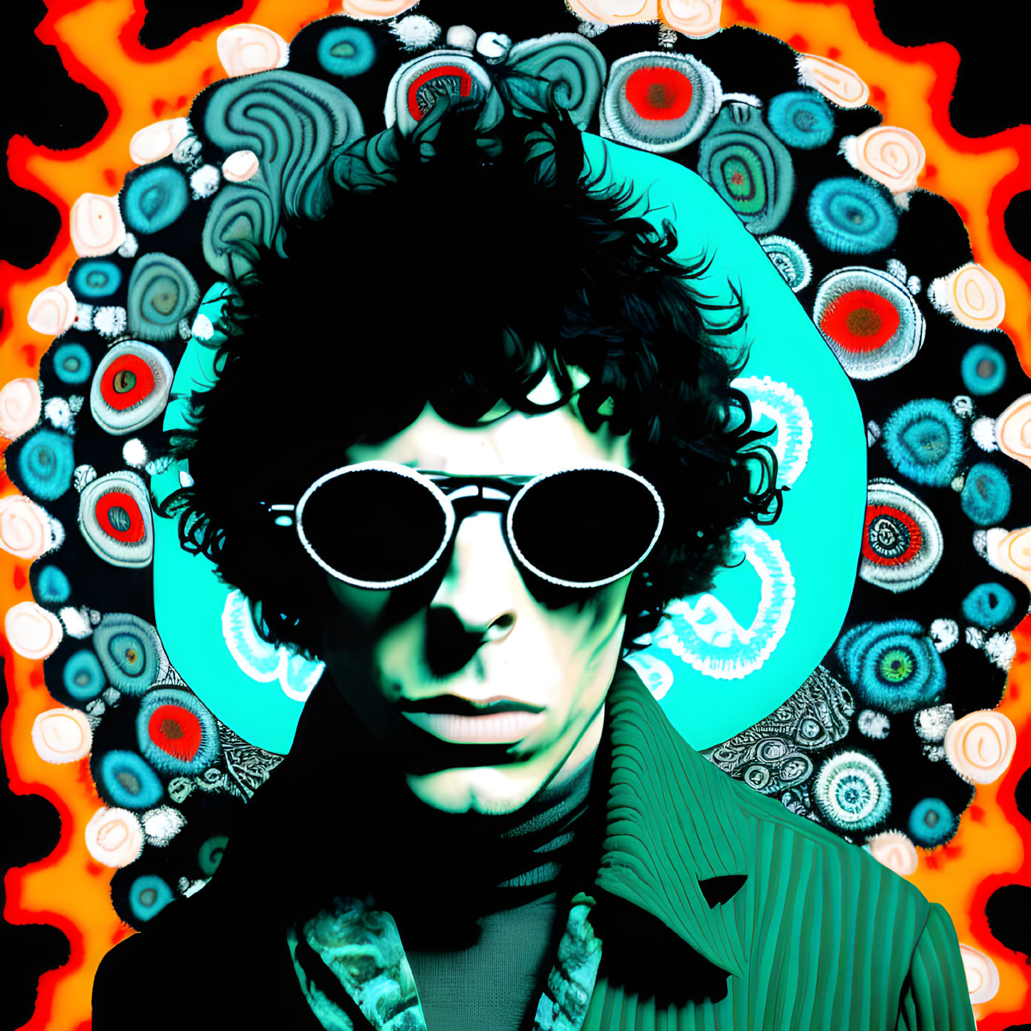 Colorful portrait of person with curly hair & sunglasses in vibrant psychedelic background