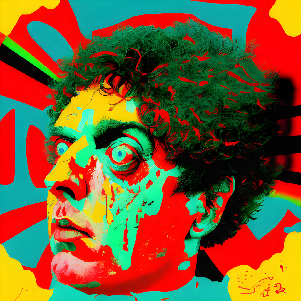 Colorful psychedelic portrait of a man with wild hair and intense eyes