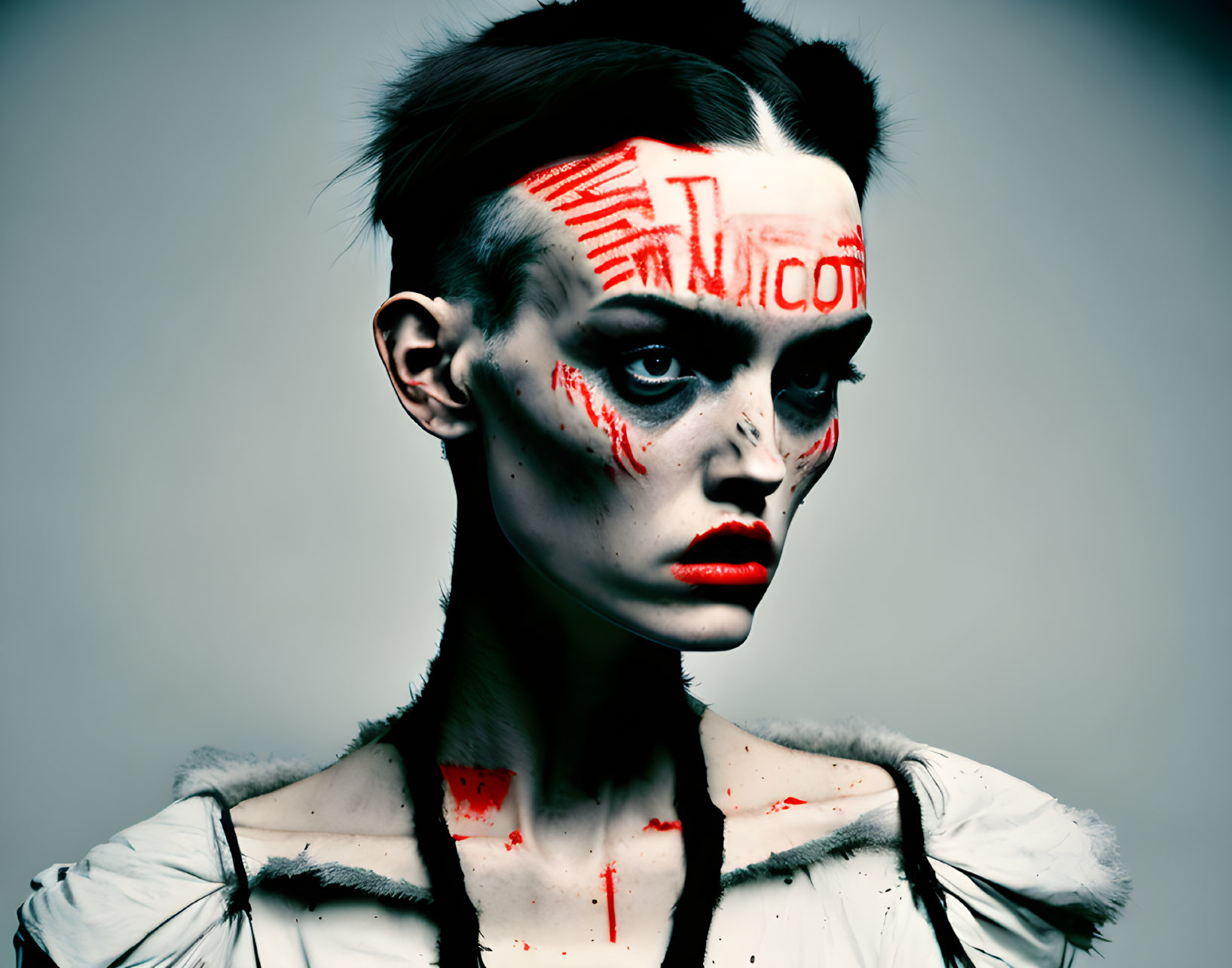 Intense makeup with vivid red streaks and designs on face