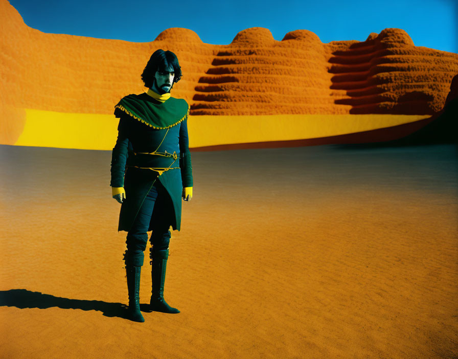 Person in Black Outfit with Yellow Cape on Sandy Terrain Against Orange Dunes and Blue Sky