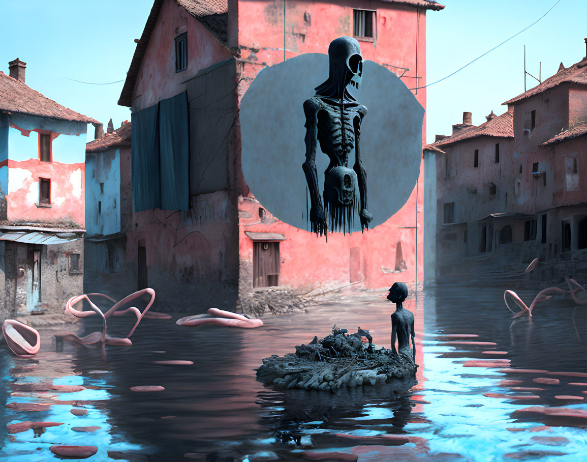 Flooded village with child on debris, surreal flamingos, and skeletal figure