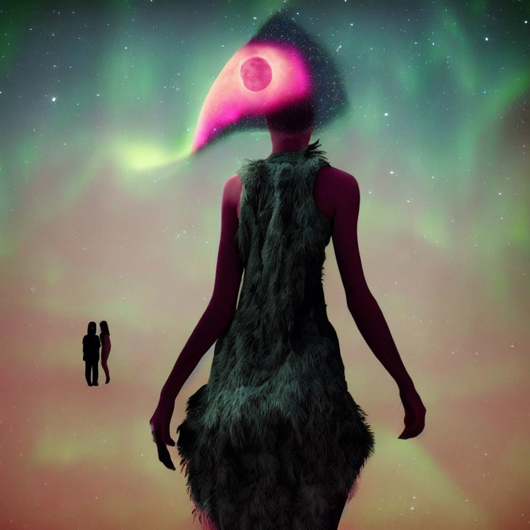 Surreal Figure with Nebula Head in Cosmic Landscape