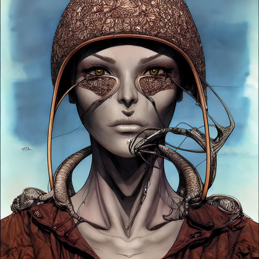 Illustration of person with textured headpiece, snake-like creatures, and golden reptilian eyes on blue