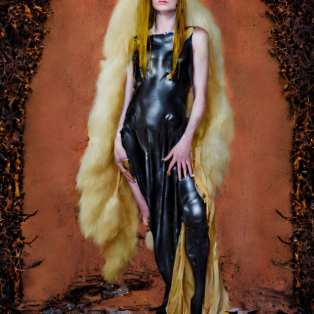 Black Glossy Dress with Yellow Feathered Overcoat Against Rustic Background