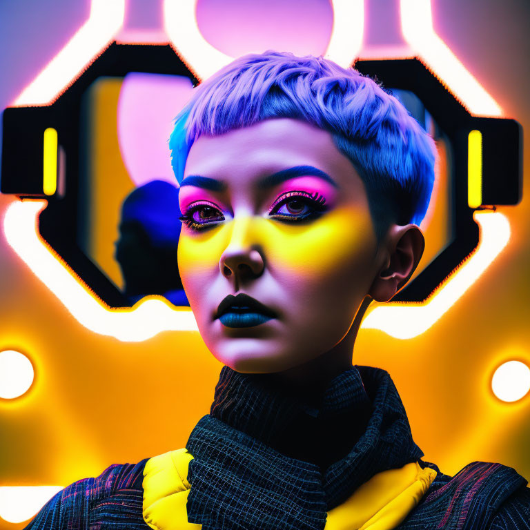 Colorful futuristic portrait with neon lighting and short haircut