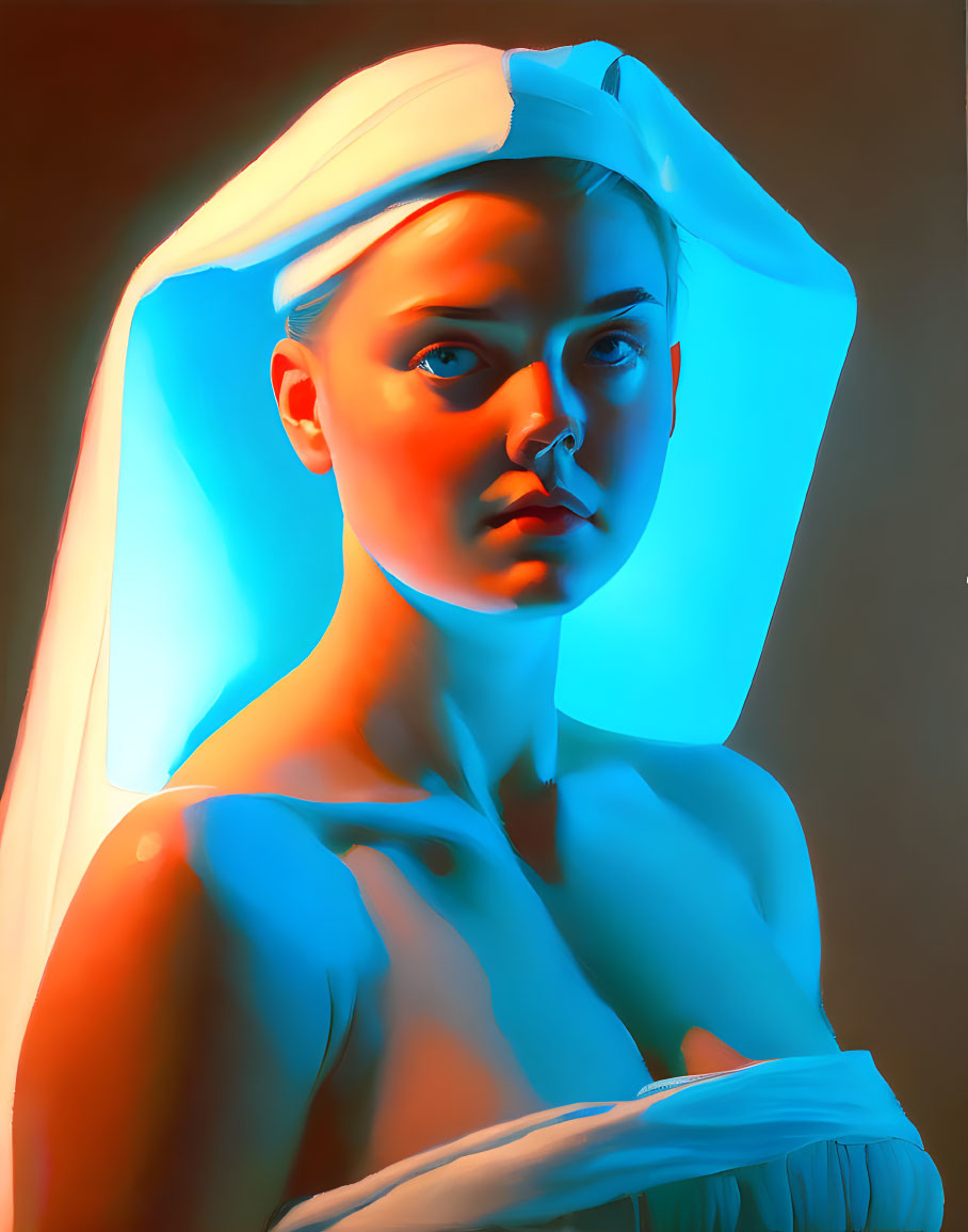 Portrait of Person in Headscarf Lit by Blue and Orange Light