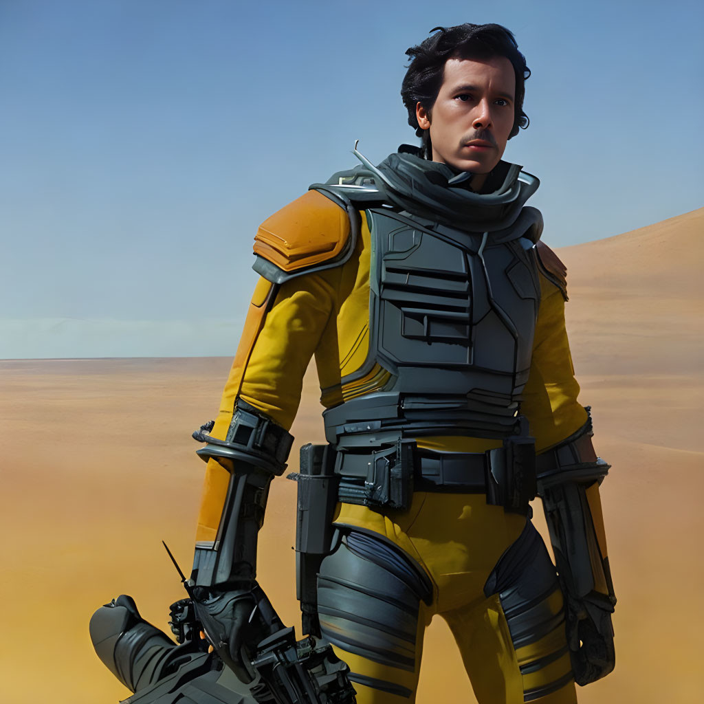 Futuristic yellow and black armored suit in desert setting