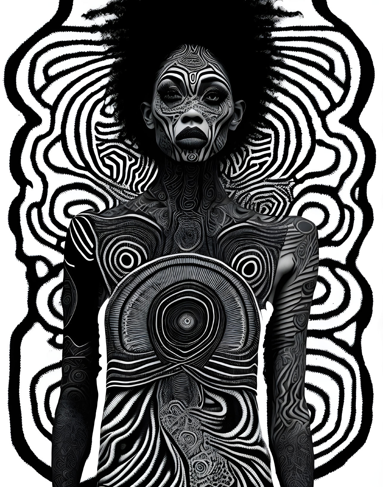 Intricate Black and White Body Paint with Circular and Wavy Patterns