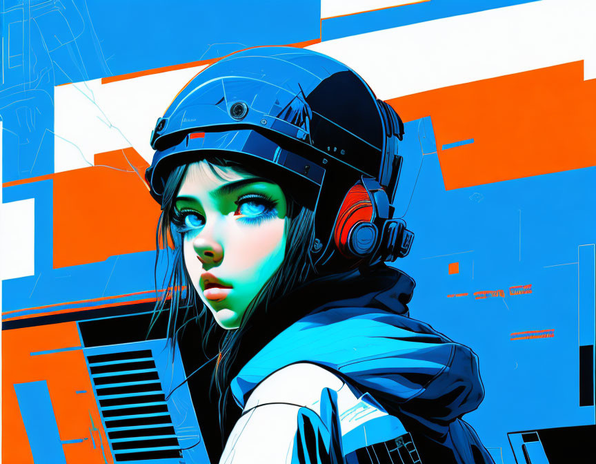 Digital artwork of woman with blue eyes in helmet & headphones on abstract blue backdrop