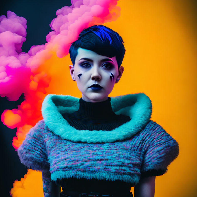 Blue-haired woman in futuristic outfit with colorful smoke backdrop