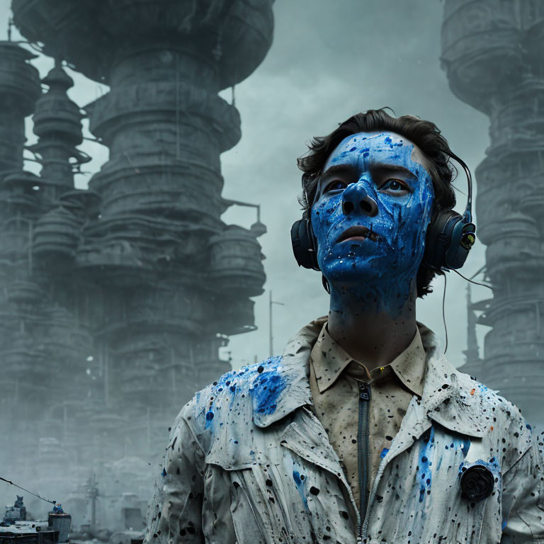 Person with Blue Face Paint Stands Amid Industrial Towers