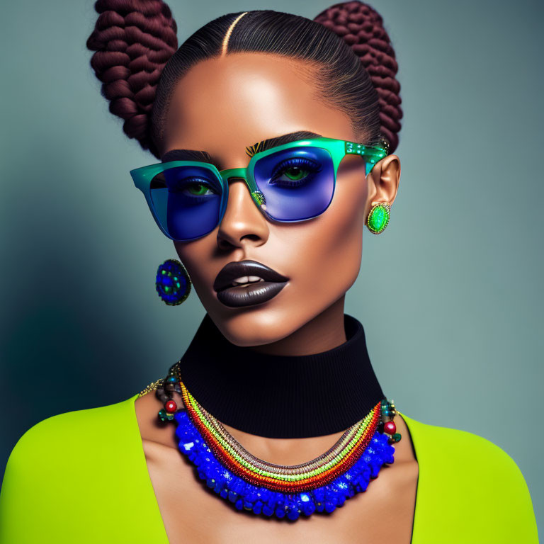 Stylized woman in blue sunglasses and neon green attire on teal background