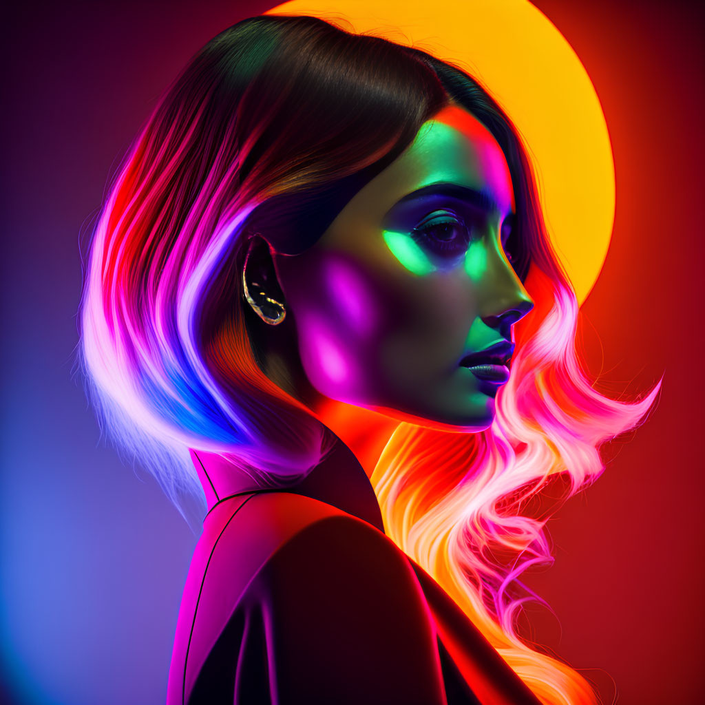 Profile of woman with colorful neon lighting on face and hair against dark background.