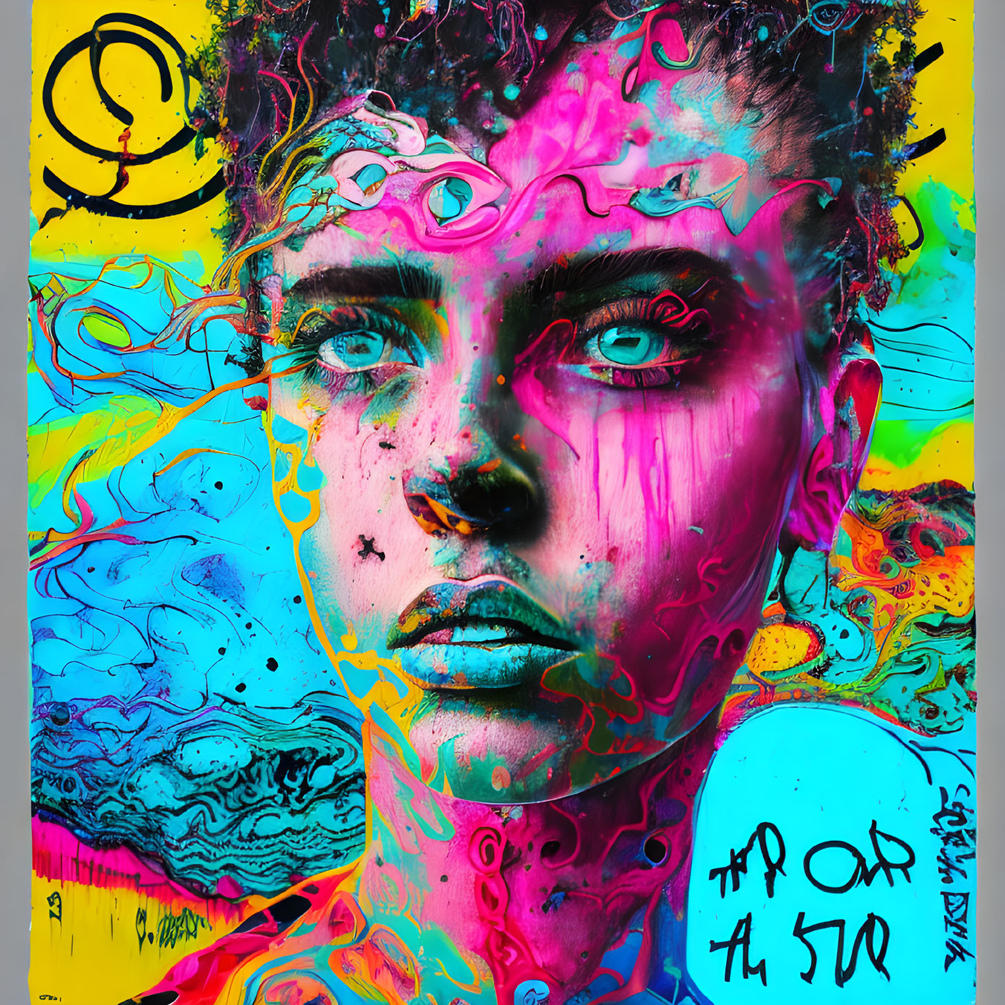 Colorful abstract portrait with dripping paint and expressive eyes