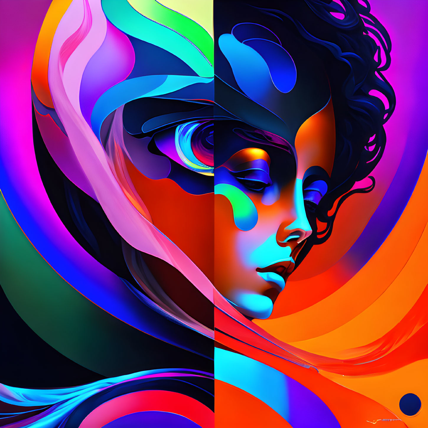 Colorful digital art: Two stylized profiles with vibrant, flowing hair on abstract background