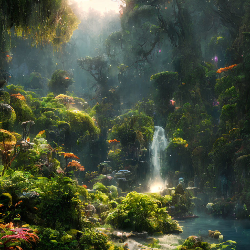 Sunlit forest with waterfall, lush greenery, and floating lights