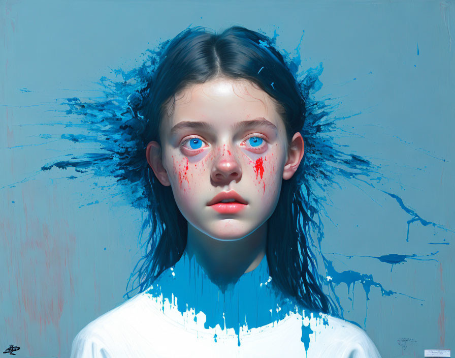 Digital painting of a girl with striking blue eyes and splattered paint on hair and shoulders, red streak