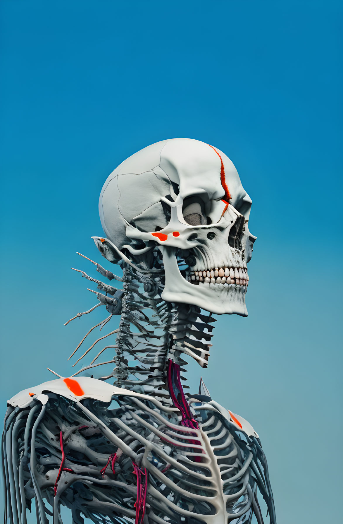 Detailed Human Skeleton Model with Skull Focus on Blue Background