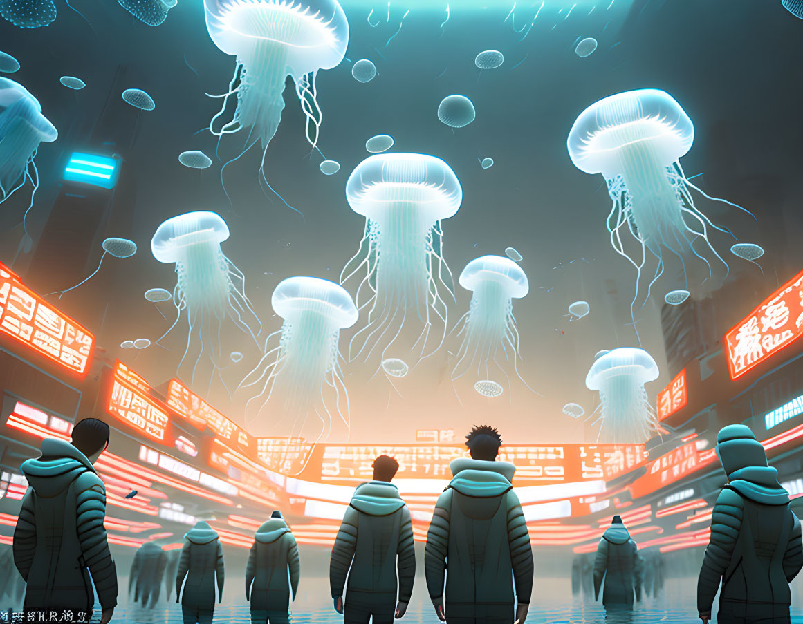 Futuristic underwater city scene with floating jellyfish and neon signs