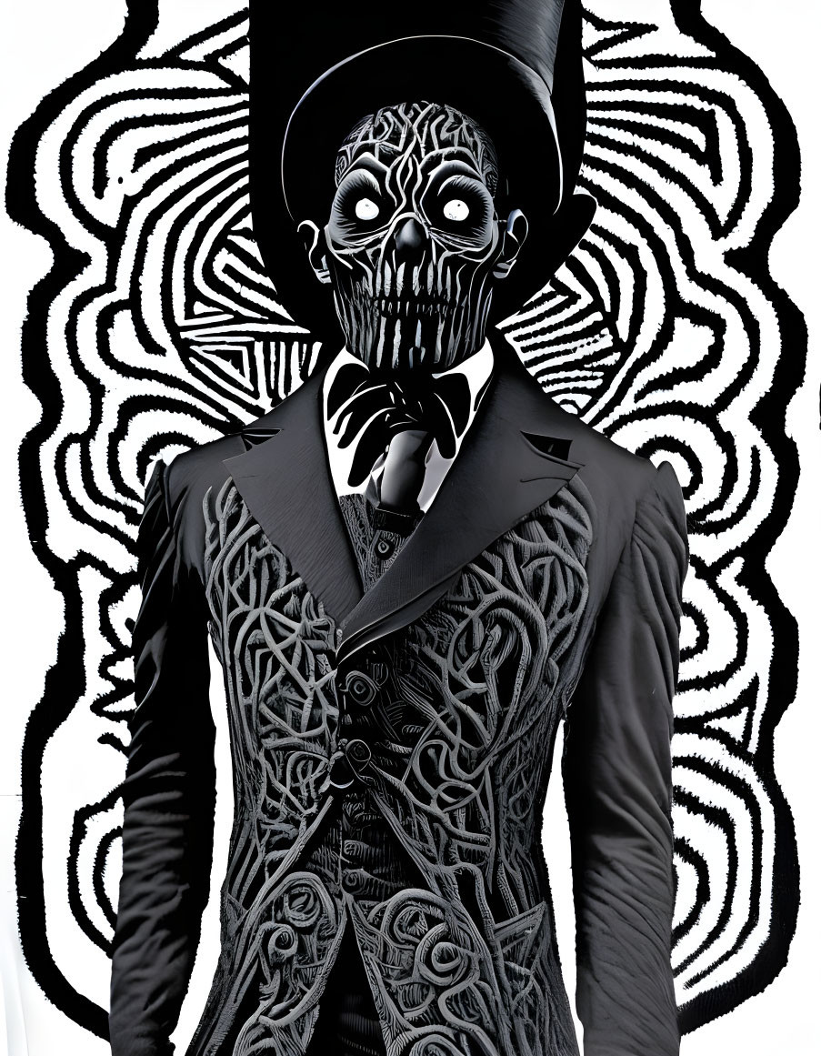 Skull-faced figure in textured suit with top hat against spiral backdrop