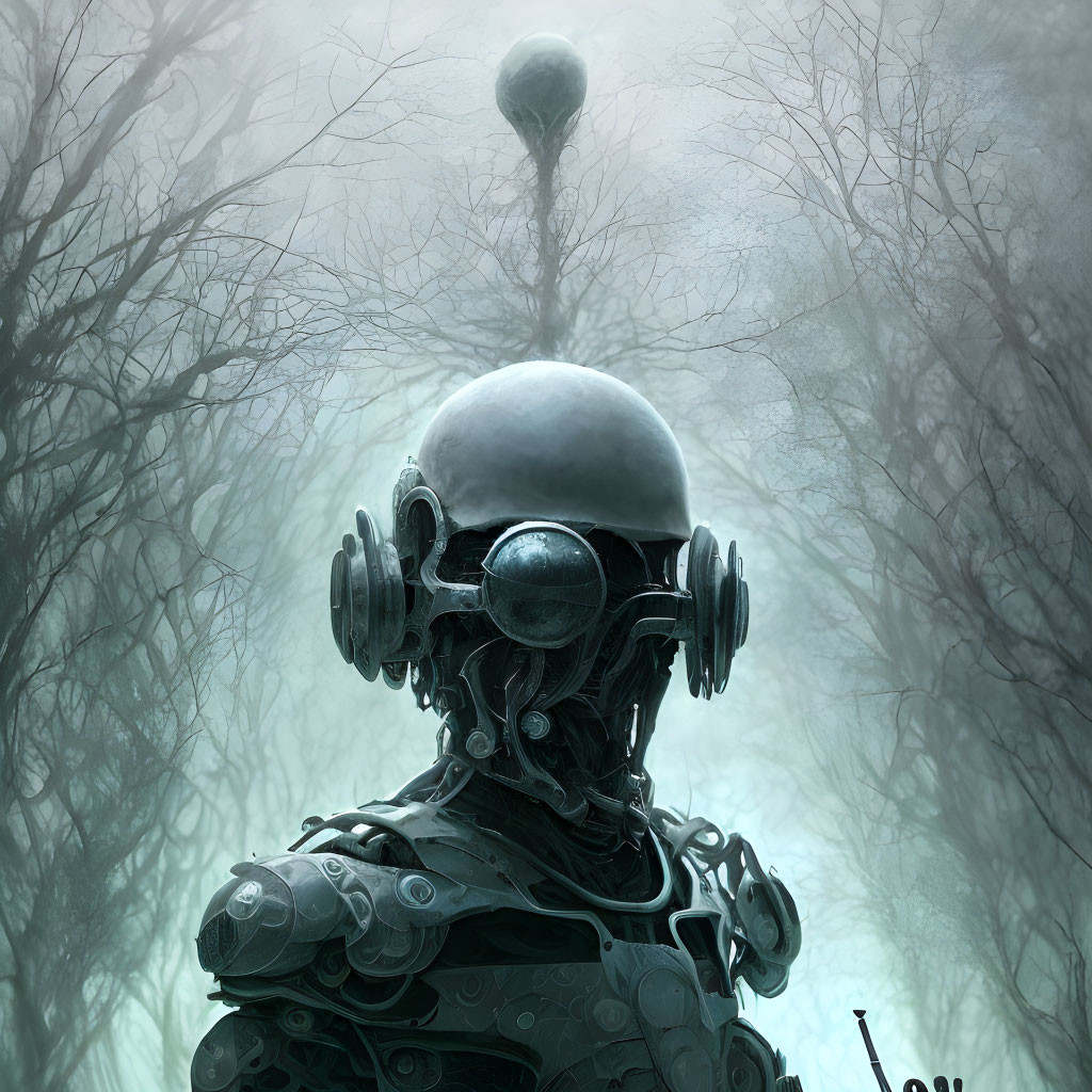 Detailed illustration of spherical-headed robot amidst misty forest with floating balloon-like object