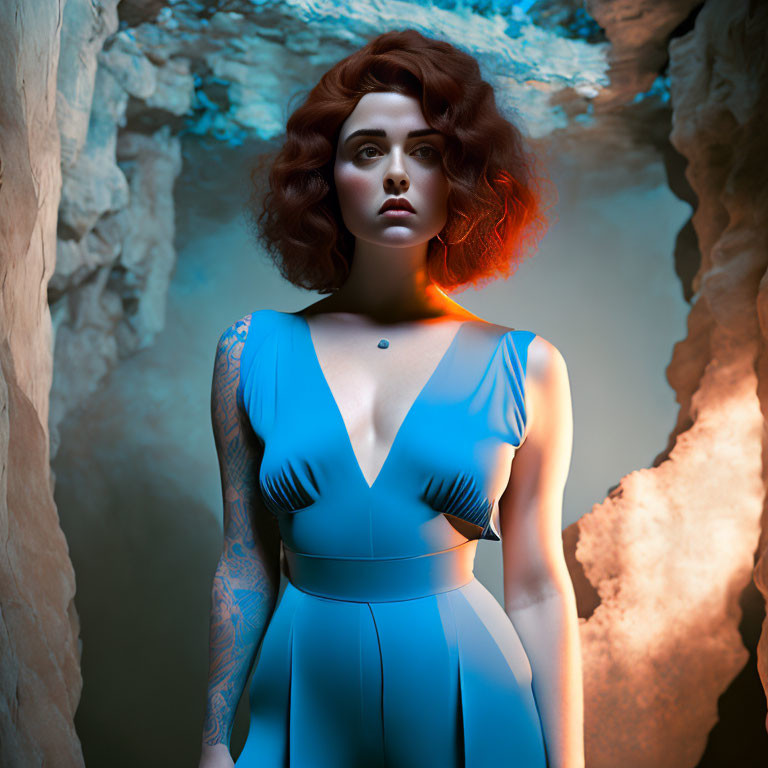 Red-haired woman in blue dress in moody cave with blue and orange lighting