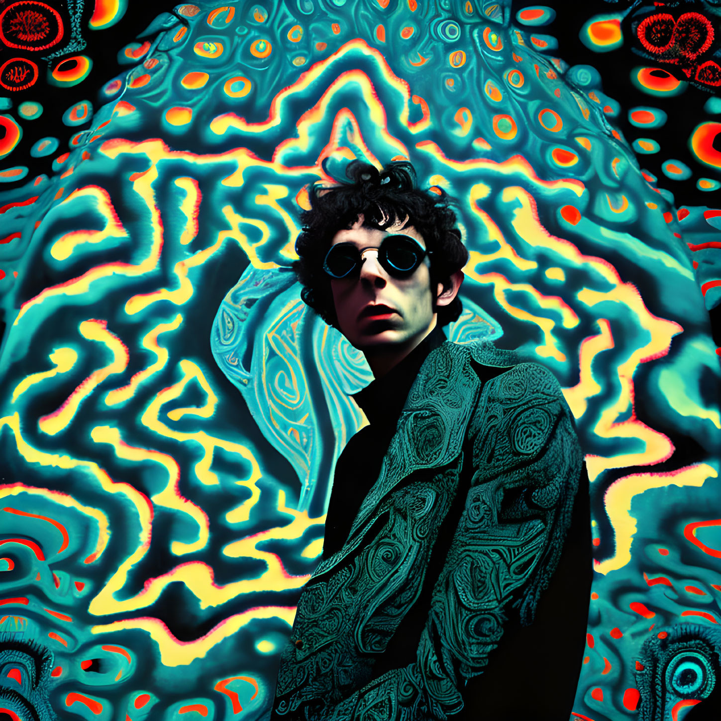 Curly Haired Person in Patterned Jacket on Psychedelic Background