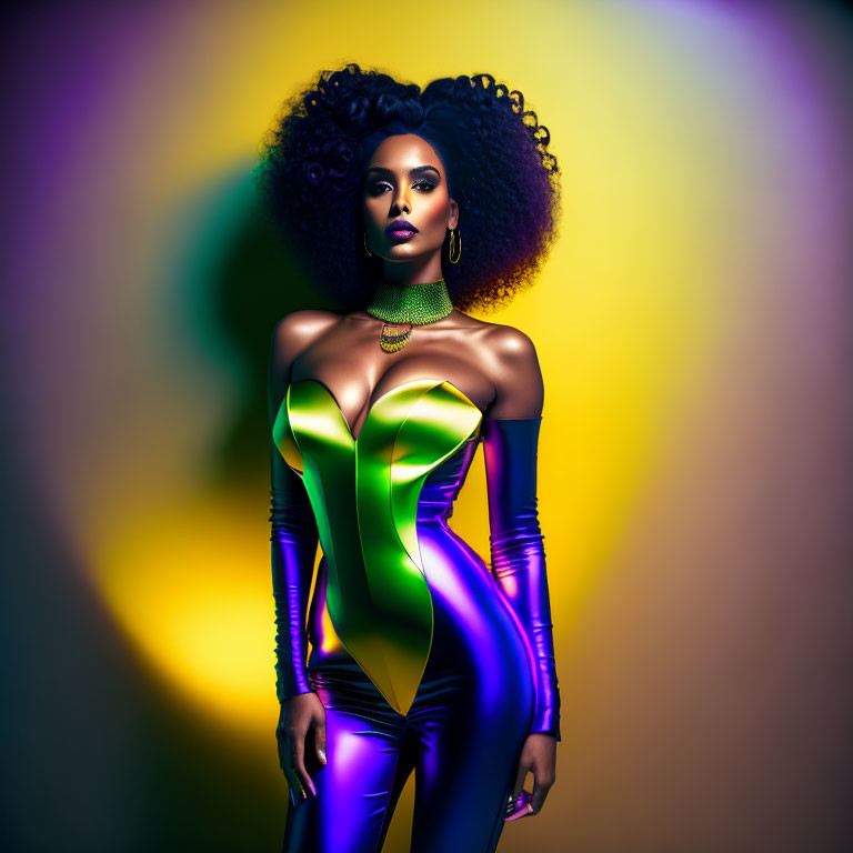 Curly-haired woman in metallic green and purple outfit on yellow background