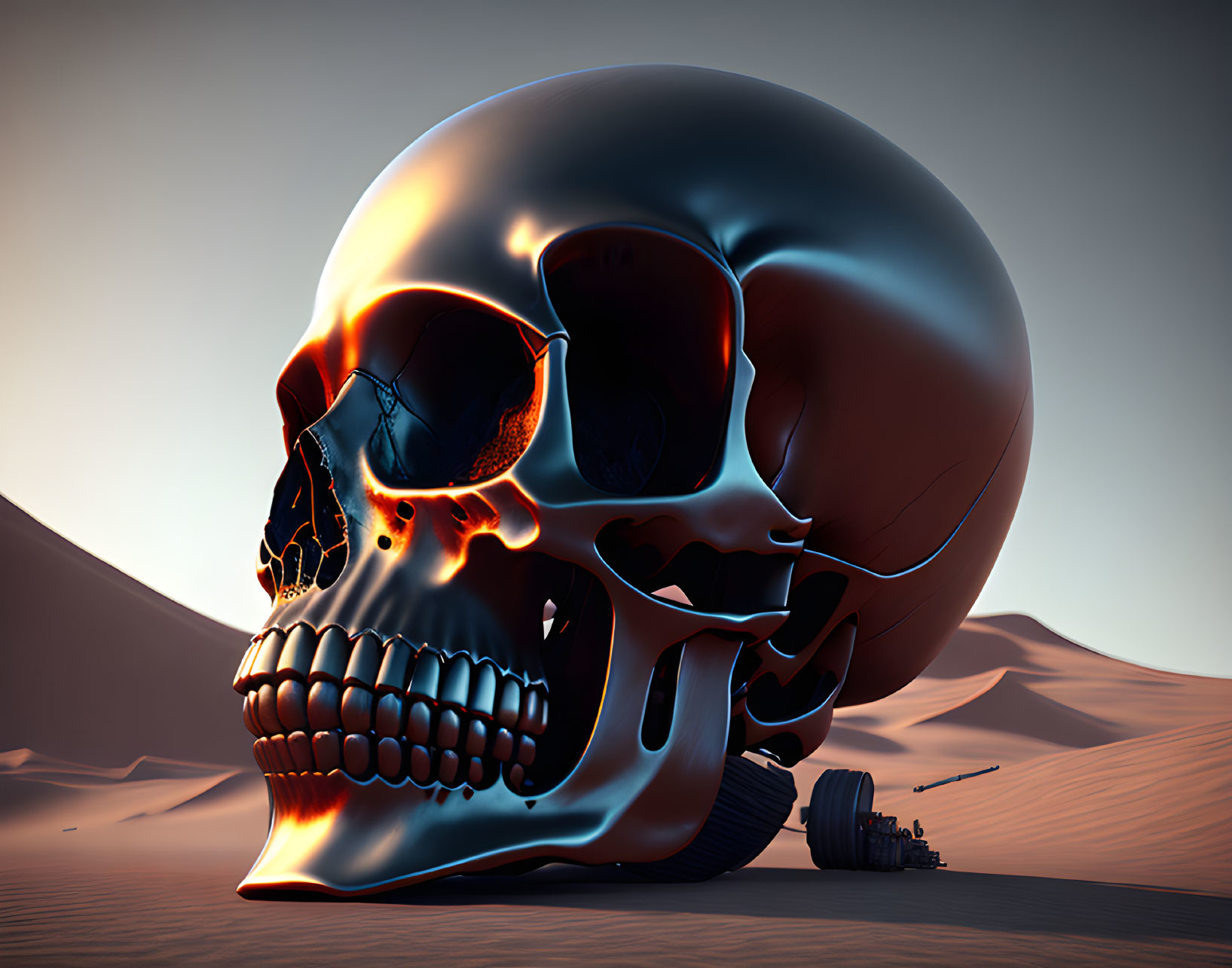 Giant metallic skull with glowing orange cracks in desert landscape