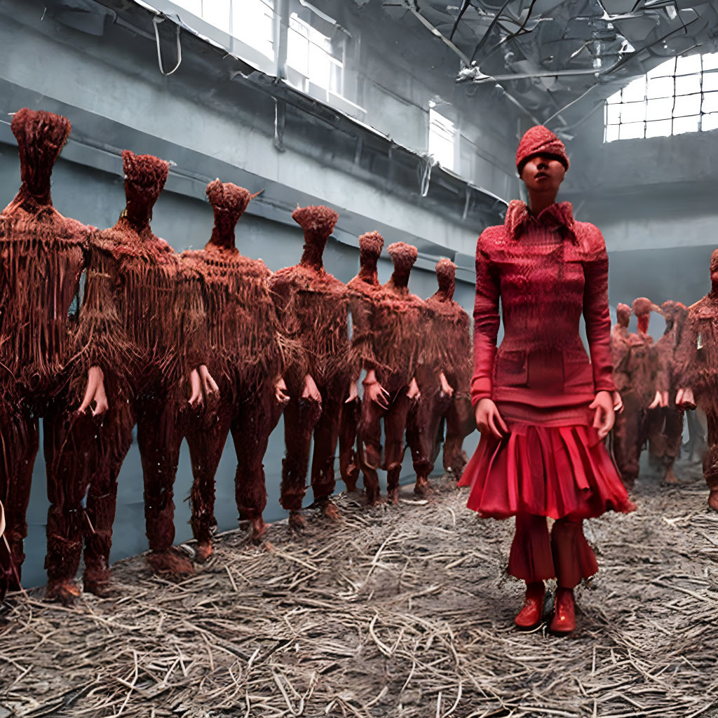 Woman in red textured outfit among figures in fibrous material in dim industrial space