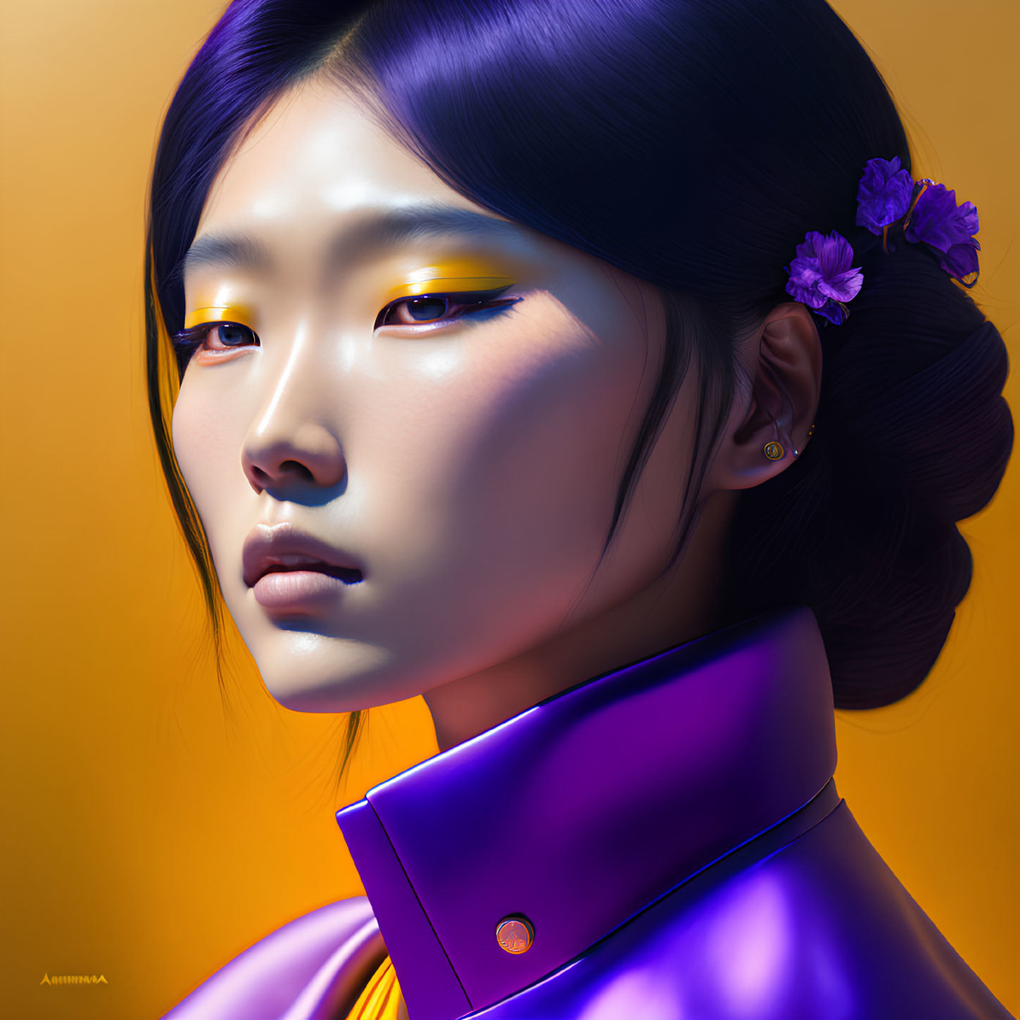 Vibrant digital portrait of a woman with yellow eyeliner and purple attire