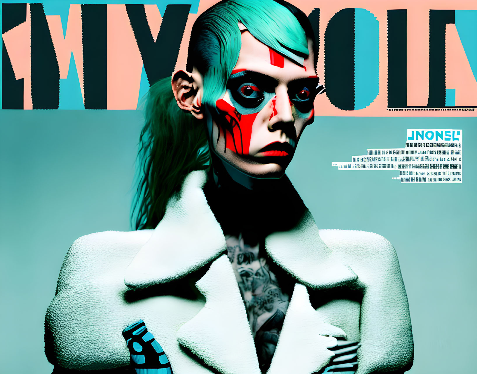 Person with Red and Black Makeup, Turquoise Hair, and White Jacket on Fashion Magazine Cover