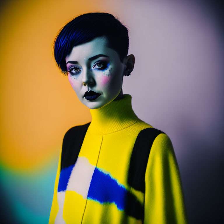 Blue-haired person with artistic makeup in yellow and blue sweater on multicolored backdrop