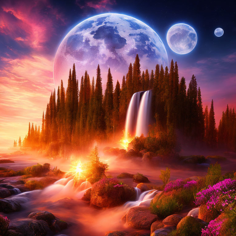 Vibrant surreal landscape with waterfall, river, pine trees, and moons