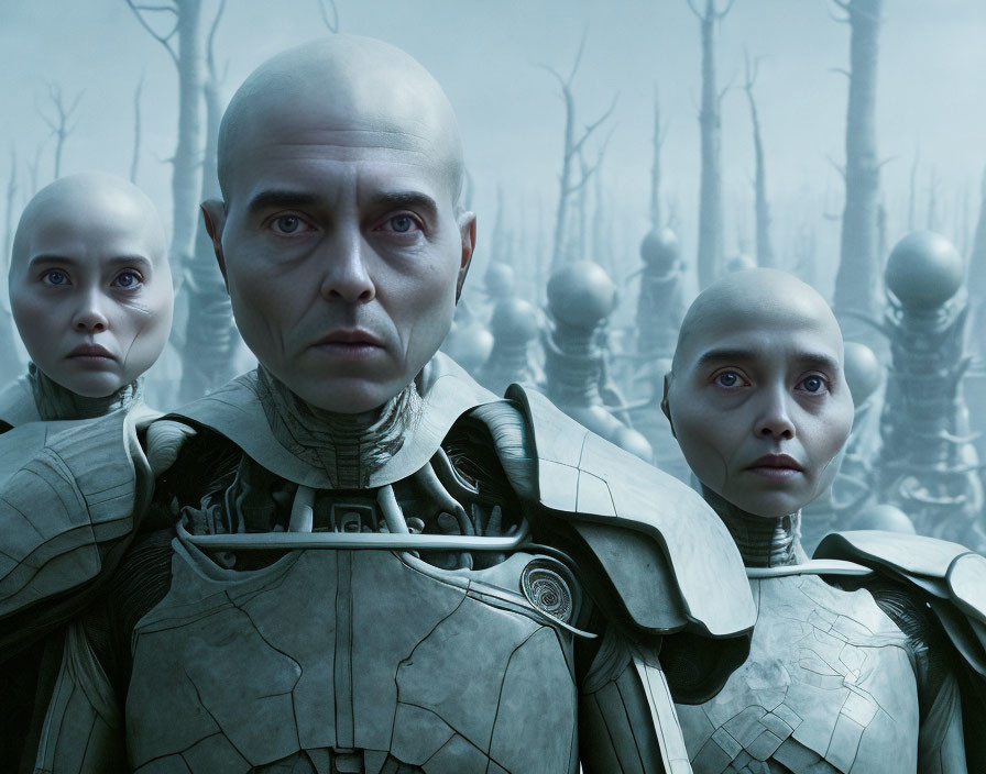 Three bald humanoid characters in futuristic armor in gloomy forest setting