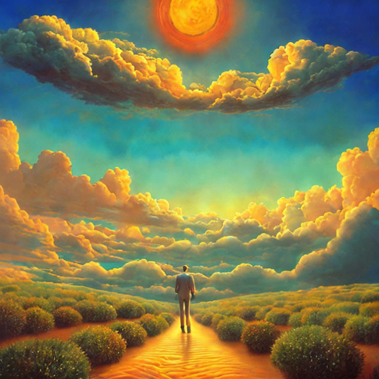 Person walking on path towards glowing sun in surreal landscape