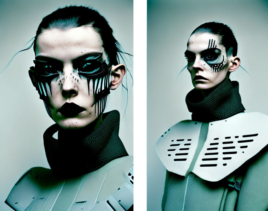 Avant-garde makeup portraits with bold striped patterns and futuristic accessories