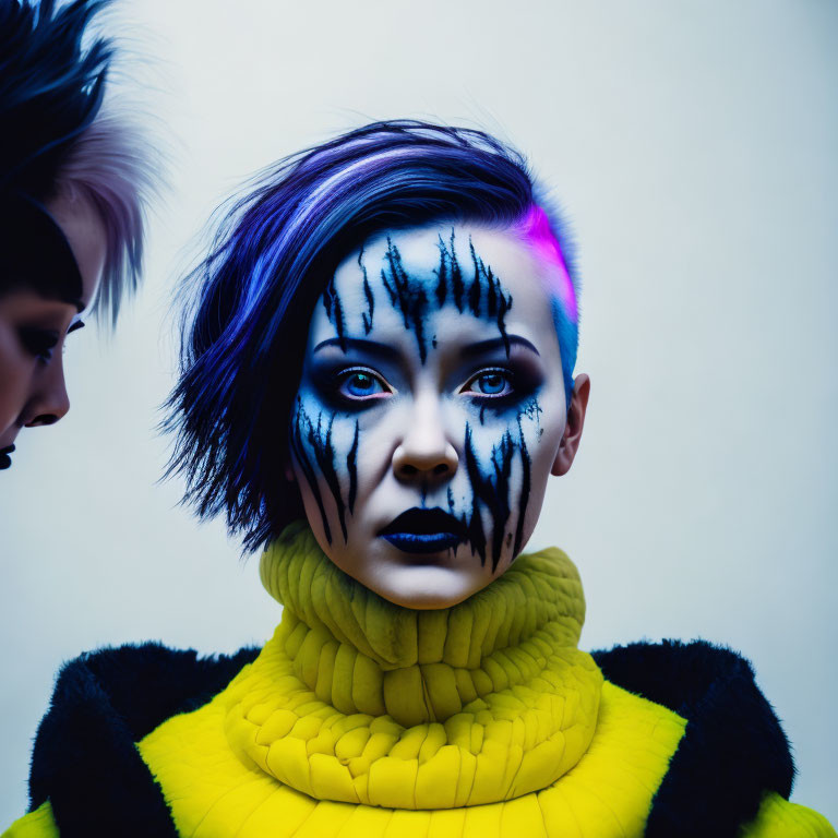 Vibrant purple and blue hair with black tree branch-like facial paint, wearing a vivid yellow t